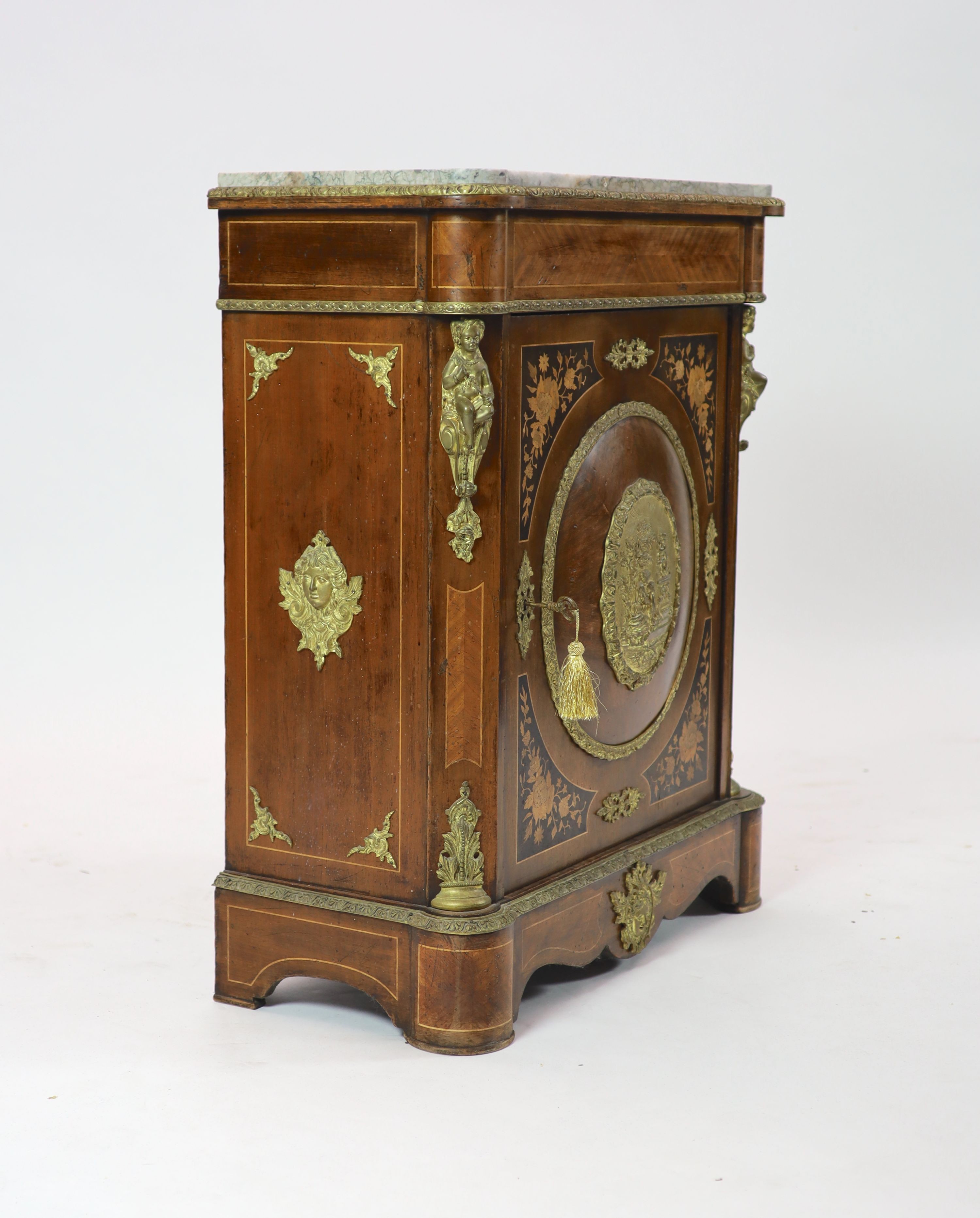 A Louis XVI style marquetry inlaid walnut, marble topped pier cabinet, width 84cm, depth 40cm, height 103cm